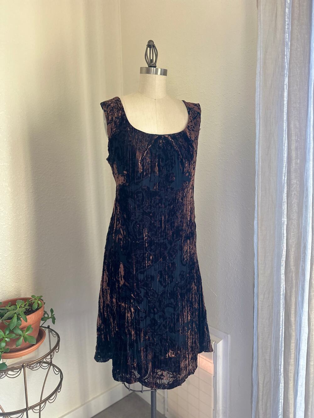 Vintage Women’s M Burnout Velvet Tie-Back Midi Dress Black Brown